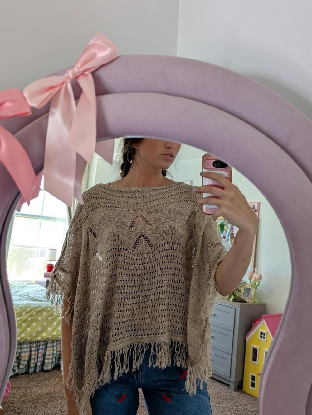 Y2K Boho Fringe Knit Poncho in Beige